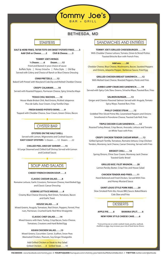 Tommy Joe's Menu